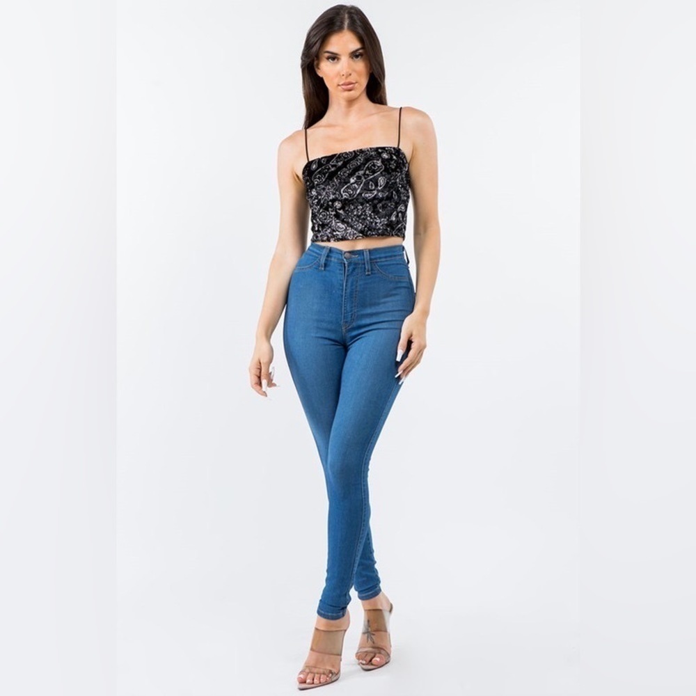 Bear Dance Bohemian Bandana Velvet Cropped Top With Bungee Strap Detail